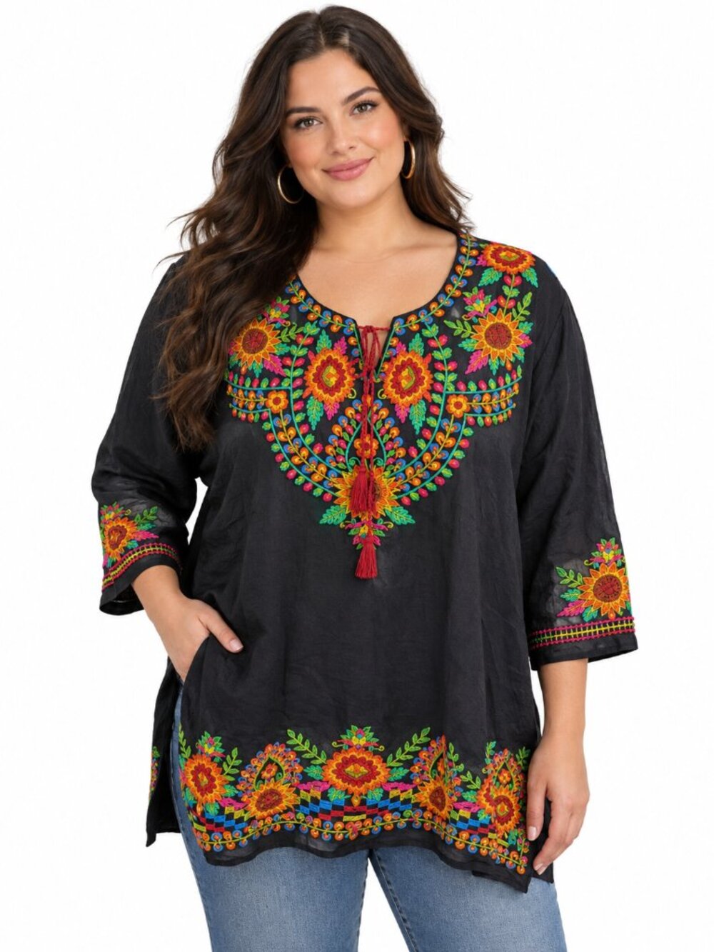 Durga Black Floral Embroidered Colorful Cottagecore Boho Tunic Top Womens XXL